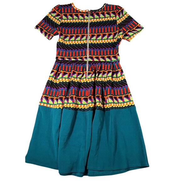 Lularoe Womens L Amelia SS Scoop Neck Back Zip Pleated Teal Geometric Dress - Picture 7 of 11